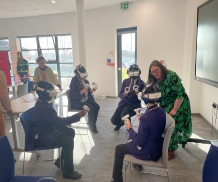 Students wearing VR headsets